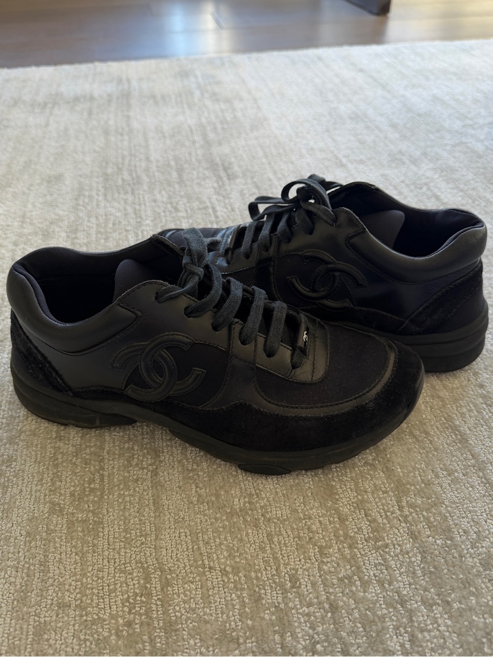 CHANEL Women's CC Logo Black on Black Suede Leather Sneakers Size 37.5 US 7.5